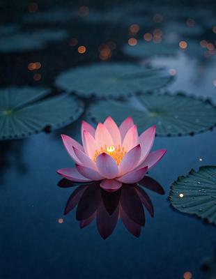 The primary subject of the image is a pink flower floating on top of a body of water, surrounded by lily pads. The setting is a serene, natural environment with a calm body of water. The visual style is a photo, capturing the beauty of the flower and its surroundings. The colors and mood of the image are predominantly pink and calming, creating a peaceful and serene atmosphere.